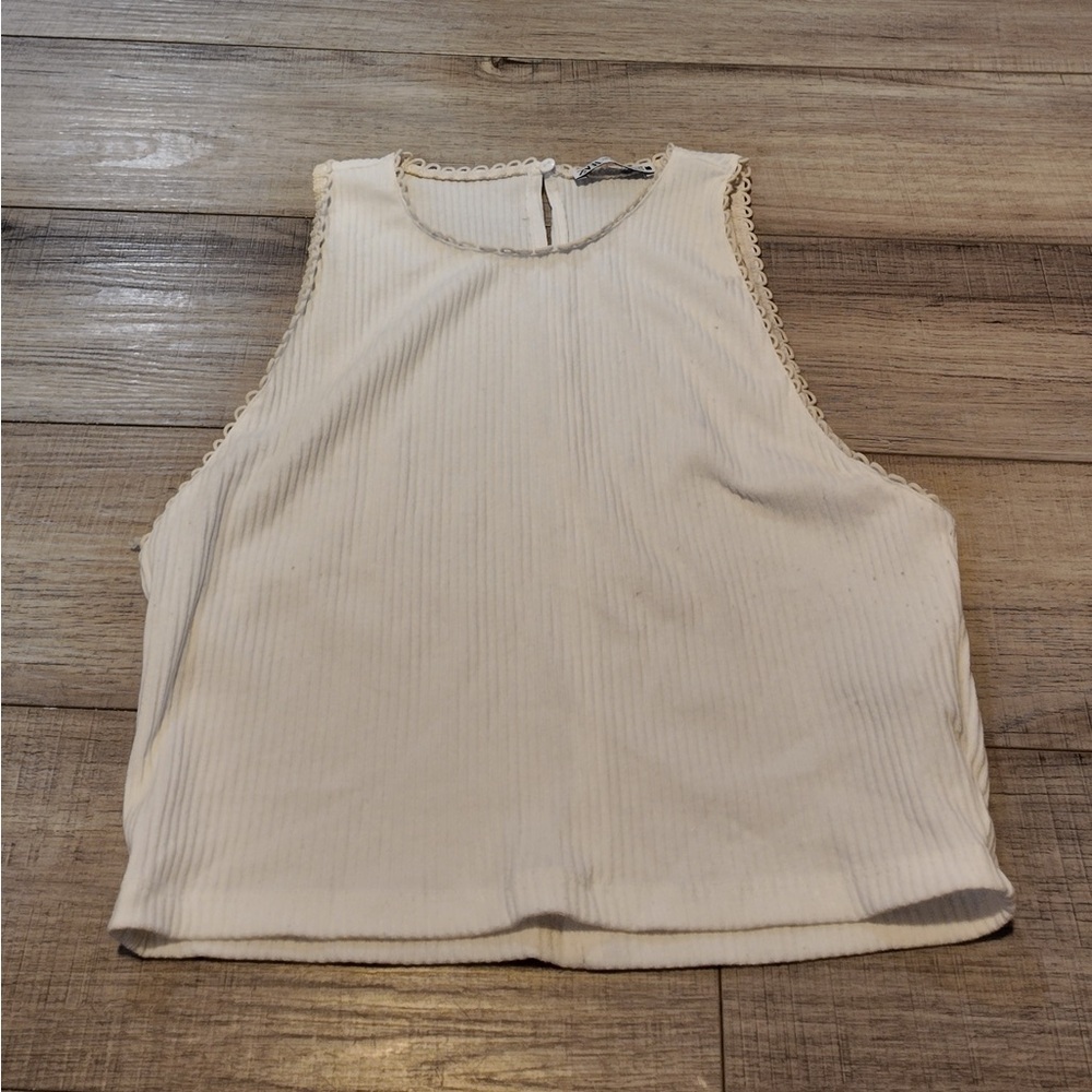 ZARA White High Neck Ribbed Crop Tank Top - Size L - Lagonlook Summer Fairy